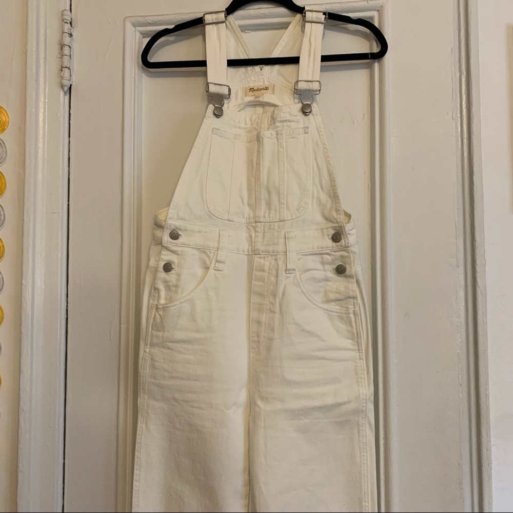 madewell white straight leg overalls